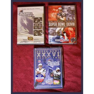 3 New England Patriot DVDs - Super Bowls XXXVIII, XXXVI & 3 Games to Glory - new